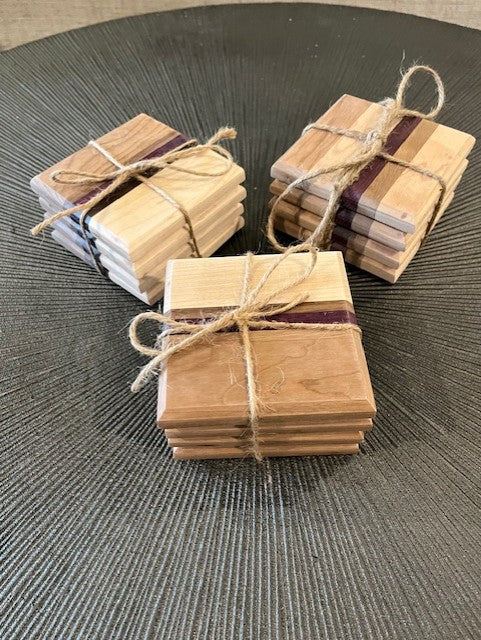 Hardwood Coaster Set with Purpleheart Accent - Set of 4 (4" x 4") - Protective Polycrylic Finish