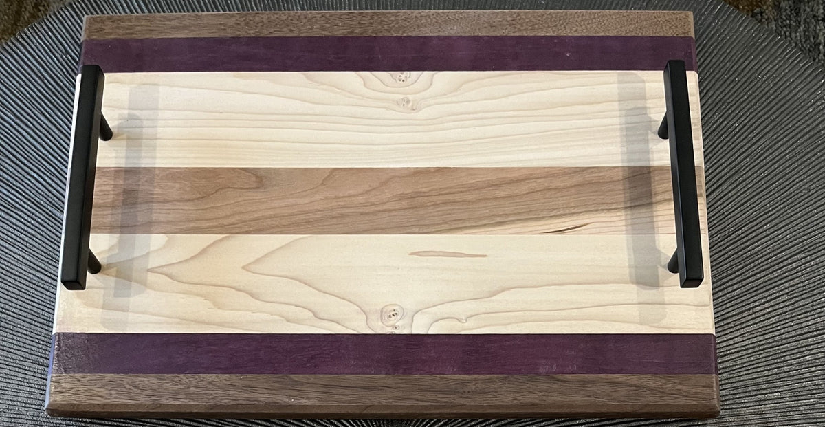 Cherry Maple Walnut Serving Tray with Purpleheart accent - 18" Handmade Wood Tray with Black Matte Handles